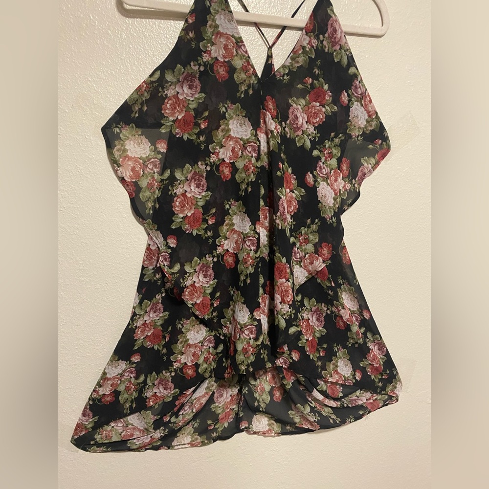 Semi Sheer Floral Asymmetrical Mini Dress Black Rose Print Strappy Small - Picture 5 of 7